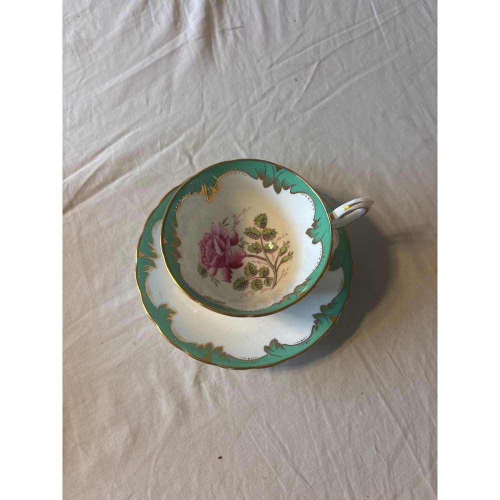 Tuscan Fine English Bone China Teacup Saucer Set Green Gold Pink Rose Excellent